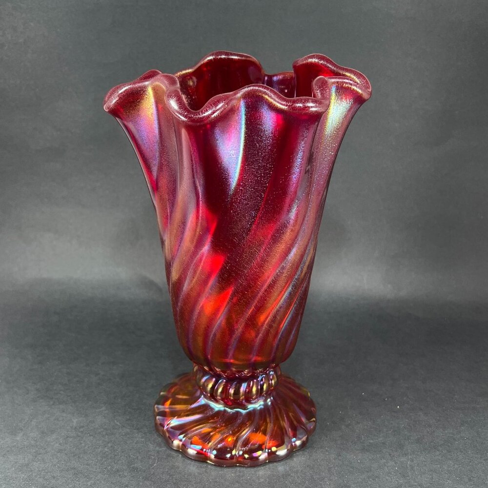 Vtg Fenton 6529 Ruby Amberina Stretch Art Glass Carnival Iridescent Vase Glows